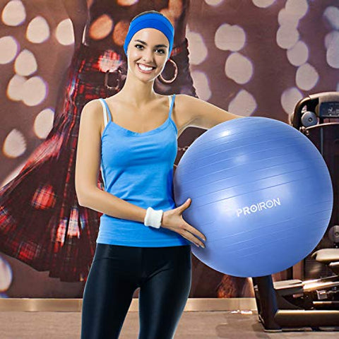 Image of PROIRON Yoga Ball-55cm Blue Exercise Ball with Postures Shown on The Yoga Ball, Pregnancy Ball, Anti-Burst Gym Ball, Swiss Ball with Pump, Birthing Ball for Yoga, Pilates, Fitness, Labour