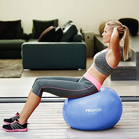 Image of PROIRON Yoga Ball-55cm Blue Exercise Ball with Postures Shown on The Yoga Ball, Pregnancy Ball, Anti-Burst Gym Ball, Swiss Ball with Pump, Birthing Ball for Yoga, Pilates, Fitness, Labour