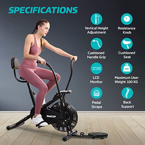 beatXP Vortex Plus 4M Air Bike Exercise Cycle for Home (Gym Cycle for Workout With Adjustable Cushioned Seat | Moving Handles | Back Support & Tummy Twister With 6 Months Warranty (Black)