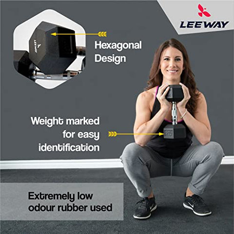 Image of LEEWAY Hex Dumbbells Pack (10 kg*2)| Gym Dumbbells| Rubber Coating Free Weight Dumbbell Set| Rubber Encased Hex Fixed Dumbbell Weight| Professional Rubber Coated Hexa Dumbbells (10Kg Pair), Black