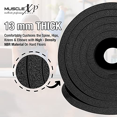 MuscleXP Yoga Mat (13 mm) Extra Thick NBR Material for Men and Women, Exercise Mats with Carrying Strap for Workout, Yoga, Fitness, Pilates (Black)