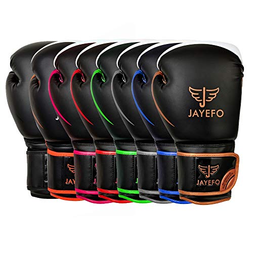 Jayefo Glorious Boxing Gloves Muay Thai Kick Boxing Leather Sparring Heavy Bag Workout Pro Leather Gloves Mitts Work for Men & Women (Black/Copper, 6 OZ)