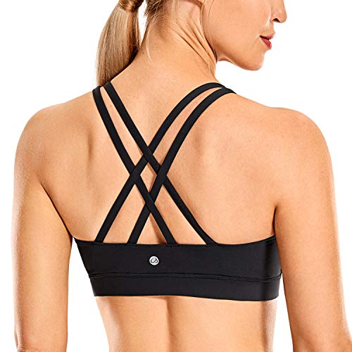 CRZ YOGA Strappy Padded Sports Bra for Women Activewear Medium Support Workout Yoga Bra Tops Black-Logo Medium