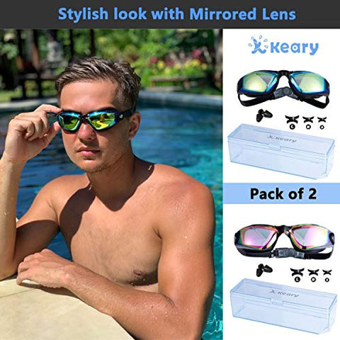 Image of Keary Swim Goggles Pack of 2 Anti-Fog Swimming Goggles for Adults Women Men Youth Junior, No Leaking UV Protection Waterproof Mirrored Lens Triathlon Pool Goggles with 3 Size Nose Pieces & Earplugs