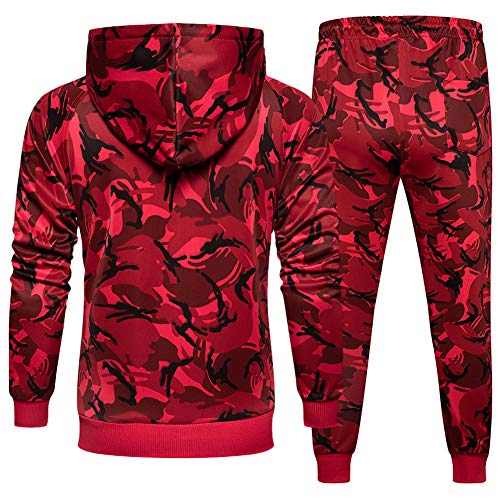 Men Gym Contrast Jogging Full Tracksuit Hoodie Camouflage Joggers Set, Camo Red-M