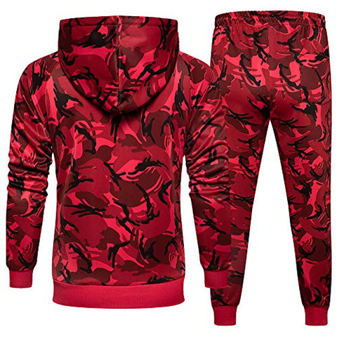 Image of Men Gym Contrast Jogging Full Tracksuit Hoodie Camouflage Joggers Set, Camo Red-M