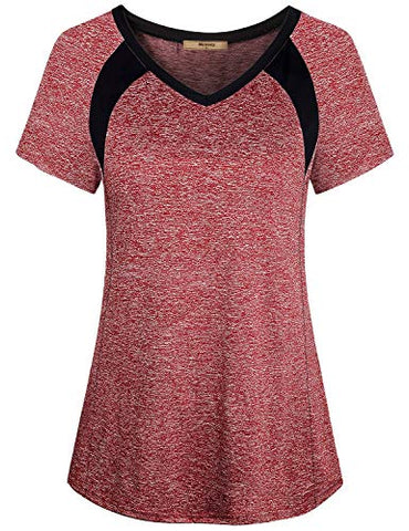 Image of Miusey Yoga Tops for Women, Ladies Short Sleeve Sport Exercise Elastic Petite Activewear Fast Dry Running Solid Color Light Weight Cool Relaxing Wearing Wine M