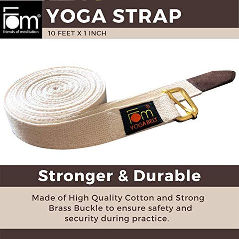 Image of FOM (Friends of Meditation) High Quality Thick and Reinforced Cotton Yoga Belt with An Adjustable Brass Buckle for Daily Stretching, Yoga, Pilates, Physical Therapy, Fitness (White, 10ft x 1”).