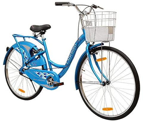 Image of BSA Ladybird Shine Pearl Thin Tyre, 26 inches Wheel Size, Steel Frame 18 inches, Basket and Carrier Freeride Bicycle for Girl (Blue, 19 to 21 Years)