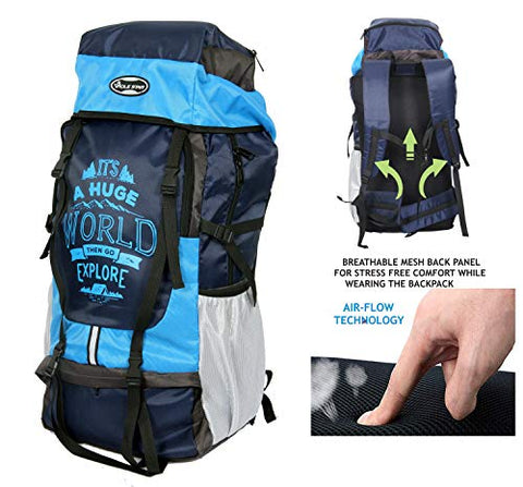 Image of POLESTAR Xplore 55 L Hiking/ Trekking/ Camping/ Travelling Rucksack Backpack with rain cover, shoe compartment, suitable for both men & women, water resistant & durable, made with polyester, 1 year warranty - Sky Blue