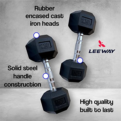 LEEWAY Hex Dumbbells Pack (20 kg*2)| Gym Dumbbells| Rubber Coating Free Weight Dumbbell Set| Rubber Encased Hex Fixed Dumbbell Weight| Professional