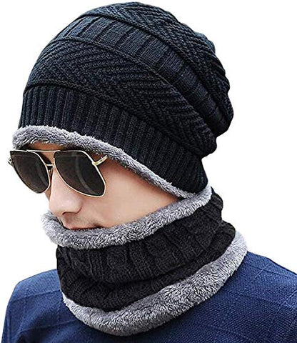 Image of VT VIRTUE TRADERS Ultra Soft Unisex Woolen Beanie Cap Plus Muffler Scarf Set for Men Women Girl Boy - Warm, Snow Proof - 20 Degree Temperature (Black)