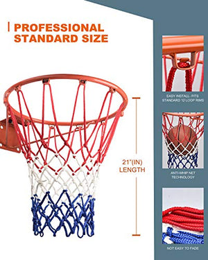 U/A Basketball Net Replacement Heavy Duty, 2020 Official Professional Quality, Fits Outdoor Indoor Standard Rim, All Weather Anti Whip -12 Loops (Red White Blue)