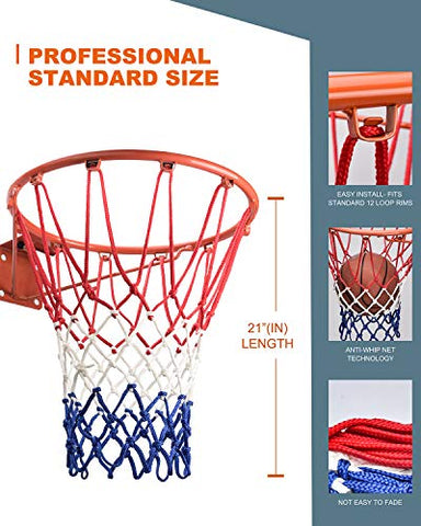 Image of U/A Basketball Net Replacement Heavy Duty, 2020 Official Professional Quality, Fits Outdoor Indoor Standard Rim, All Weather Anti Whip -12 Loops (Red White Blue)