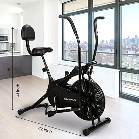 Image of Sparnod Fitness SAB-05 Air Bike Exercise Cycle for Home Gym - Dual Action for Full Body Workout (Setting for Moving/Stationary Handles) - Adjustable Resistance, Height Adjustable seat with Back Rest (Do It Yourself Installation)