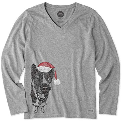 Image of Life Is Good Women's Hoho Long Sleeve Crusher T-shirt Merry Christmutt, Heather Gray, Medium