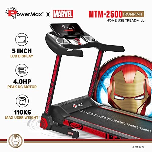 PowerMax Fitness X Marvel MTM-2500 Iron Man Edition (4HP Peak) Smart Folding Electric Treadmill with Manual Incline, MP3, Speaker, Exercise Machine for Home Gym and Cardio Training (Red)