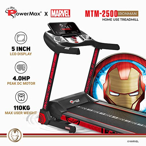 Image of PowerMax Fitness X Marvel MTM-2500 Iron Man Edition (4HP Peak) Smart Folding Electric Treadmill with Manual Incline, MP3, Speaker, Exercise Machine for Home Gym and Cardio Training (Red)