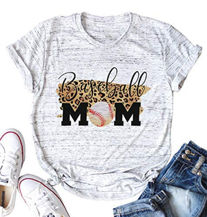 Baseball Mom Shirt Womens Leopard Baseball Graphic Tee Funny Short Sleeve Mom Tshirt Tops White