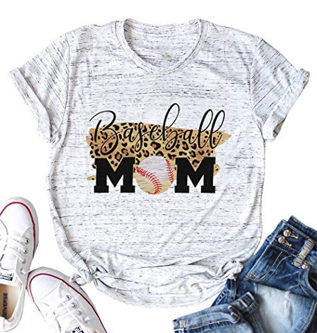 Image of Baseball Mom Shirt Womens Leopard Baseball Graphic Tee Funny Short Sleeve Mom Tshirt Tops White