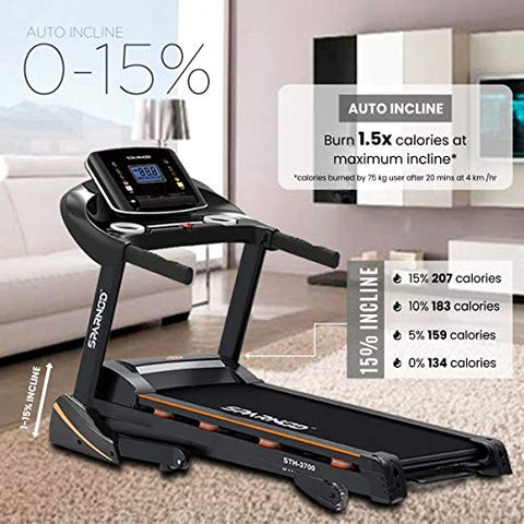 Image of SPARNOD FITNESS STH-3700 (4 HP Peak) Foldable Motorized Walking and Running Automatic Treadmill for Home Use - with Auto Incline, 8 Point Shock Absorption System - Black