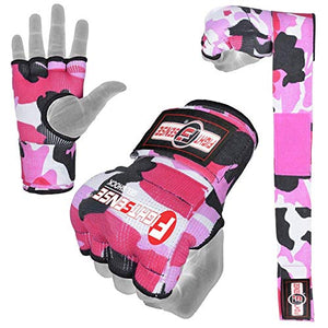 FIGHTSENSE Padded Gel Inner Gloves with Long Wraps for Boxing MMA Wrist Hand Wraps Muay Thai Under Gloves Training Pair (Camo Pink, Small)