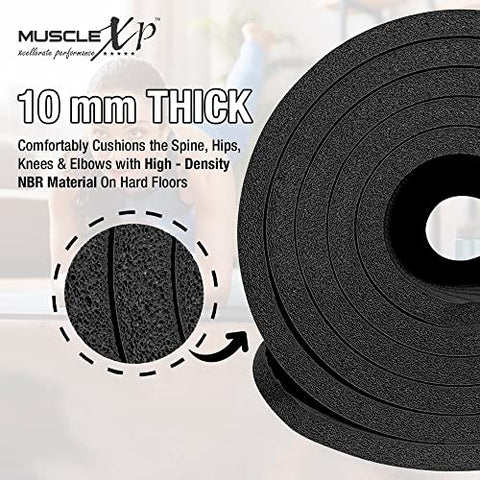 Image of MuscleXP Yoga Mat (10 mm) Extra Thick NBR Material for Men and Women, Exercise Mats with Carrying Strap for Workout, Yoga, Fitness, Pilates (Black)