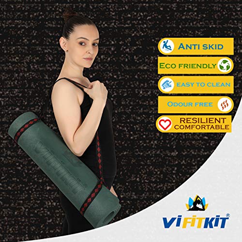 VIFITKIT Yoga Mat Eco Friendly Workout Mat For Yoga Pilates Outdoor Workout With Free Carrying Bag and Strap (Made In India) (BOTTLE GREEN, 4mm)