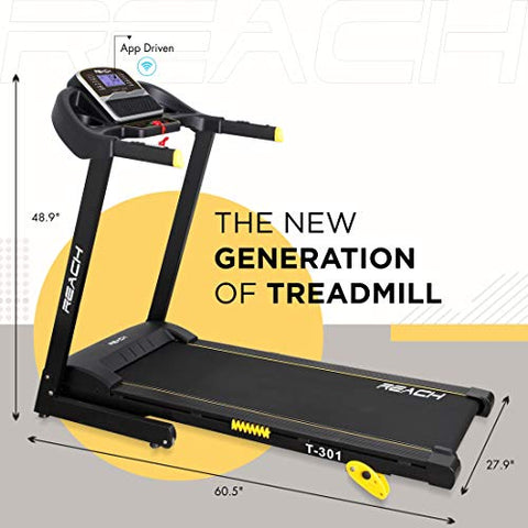 Image of Reach T-301 Folding Treadmill Peak 4 HP | Foldable Home Fitness Equipment with LCD Display for Walking & Running | Cardio Exercise Gym Machine | 4 Incline Levels | 12 Preset or Adjustable Programs | Bluetooth Connectivity | 100 Kgs Max User Weight