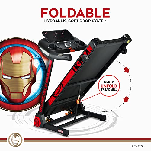 PowerMax Fitness X Marvel MTM-2500 Iron Man Edition (4HP Peak) Smart Folding Electric Treadmill with Manual Incline, MP3, Speaker, Exercise Machine for Home Gym and Cardio Training (Red)