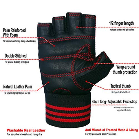 Image of X TRIM Macho Unisex Professional Weightlifting Gym Gloves with Wrist Wrap for Palm and Wrist Protection (Leather Grip, Black & Red)