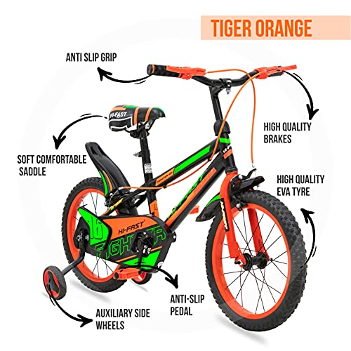 HI-FAST Boys & Girls FIGHTER-16T-Semi-Assembled BMX Bike Cycle with Training Wheels for 5 to 8 Years, 16 inch, Orange
