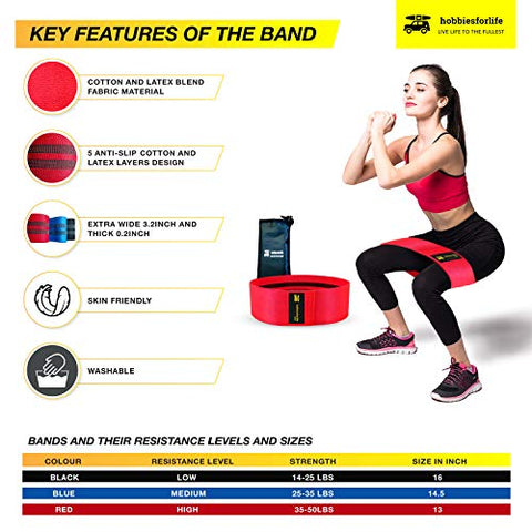 Image of Hobbiesforlife Anti Slip Resistance Loop Bands for Workout with Exercise Bands ebook and Carrybag. Resistance Bands for Workout for Men and Women for Toning Hips Thighs and Legs(Red)