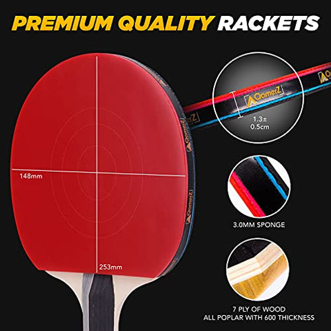 Image of AQamerZ Complete Ping Pong Paddle Set - Portable Table Tennis Kit with Retractable Net, 4 x Ping Pong Paddles, 8 Balls, 4 x Sweat Bands, Carry Case - Tabletop Pingpong Racket Equipment and Accessories