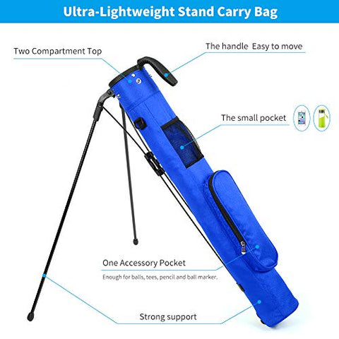 Image of LONGCHAO Golf Stand Bag, Lightweight Easy Carry Travel Case Pitch & Putt Golf Sunday Bag with Stand & Handle for Golf Clubs (Blue)