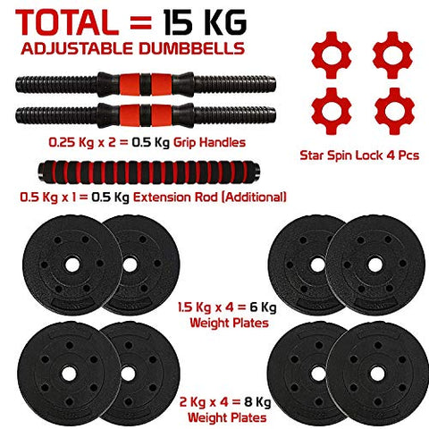 Image of FITSY Adjustable Dumbbell Set - 15 kg PVC Dumbbell and Rod Set for Home Gym Workout with Extension Barbell Rod [AR-2692]