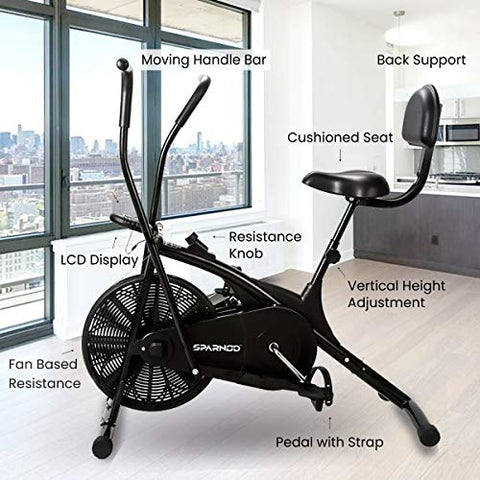 Image of Sparnod Fitness SAB-05 Air Bike Exercise Cycle for Home Gym - Dual Action for Full Body Workout (Setting for Moving/Stationary Handles) - Adjustable Resistance, Height Adjustable seat with Back Rest (Do It Yourself Installation)