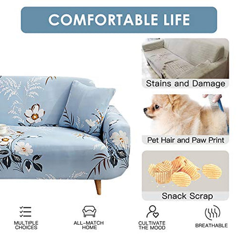 Image of House of Quirk Universal Single Seater Sofa Cover Big Elasticity Cover for Couch Flexible Stretch Sofa Slipcover Floral Prints (Single Seater, Sky Blue Big White), Polyester & Spandex, Floral