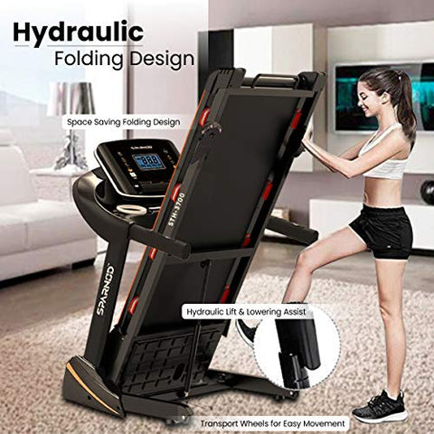 Image of SPARNOD FITNESS STH-3700 (4 HP Peak) Foldable Motorized Walking and Running Automatic Treadmill for Home Use - with Auto Incline, 8 Point Shock Absorption System - Black