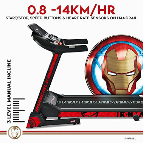 Image of PowerMax Fitness X Marvel MTM-2500 Iron Man Edition (4HP Peak) Smart Folding Electric Treadmill with Manual Incline, MP3, Speaker, Exercise Machine for Home Gym and Cardio Training (Red)