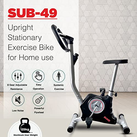 Image of SPARNOD FITNESS SUB-49 Upright Exercise Bike for home gym - LCD Display, Height Adjustable Seat, Compact design and 4 Kg Flywheel - Perfect Cardio Exercise Cycle Machine for Small Spaces - Black