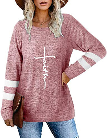 AELSON Womens Long Sleeve Sweatshirts Crewneck Color Block Sweaters Tunic Tops Faith Print Shirts