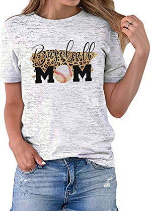 Baseball Mom Shirt Womens Leopard Baseball Graphic Tee Funny Short Sleeve Mom Tshirt Tops White