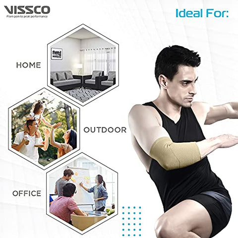 Image of Vissco Elbow Support Relief Belt for Elbow Joint Pain, Sport Injuries, Tennis Elbow, Joint Sprain & Strain For Men & Women | Elbow Support for Gym | Sleeves for Cricket, Volleyball - Medium (Beige)