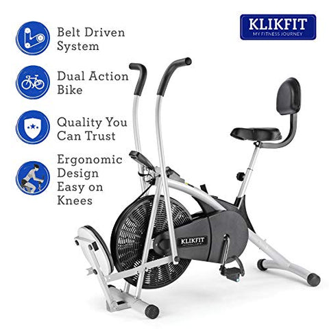 Image of KLIKFIT KF04CM Upright Air Bike Exercise Cycle with Dual Moving Arms for Home Gym Cardio Full Body Weight Loss Workout with Twister & Back Support Free Installation (Silver and Black)