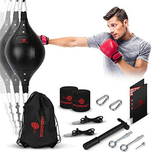 BOXERPOINT Double End Bag Boxing Set - Double Ended Punching Ball - Speed Striking Reflex Kit with Fully Adjustable Cords - PU Leather Punch Bag with Hand Wraps, Complete Installation Kit & Carry Bag