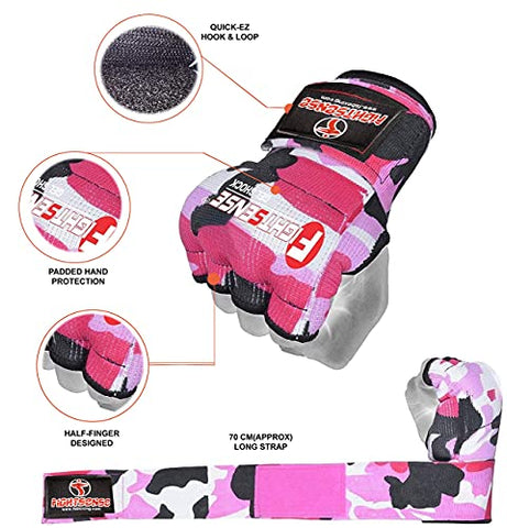 Image of FIGHTSENSE Padded Gel Inner Gloves with Long Wraps for Boxing MMA Wrist Hand Wraps Muay Thai Under Gloves Training Pair (Camo Pink, Small)