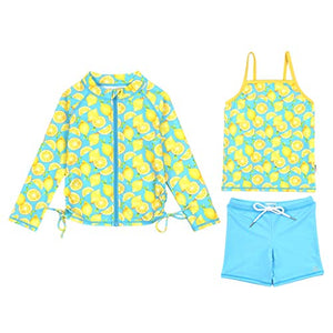 SwimZip Girl 3 Piece Long Sleeve Rash Guard, Tankini & Shorts - Lemons - 10-12