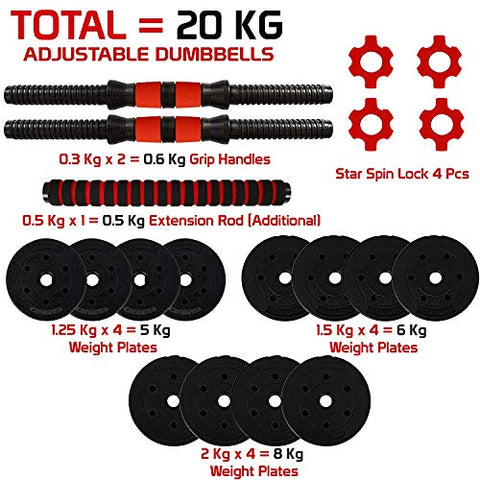 Image of FITSY Adjustable Dumbbell Set - 20 kg PVC Dumbbell and Rod Set for Home Gym Workout with Extension Barbell Rod [AR-2693]