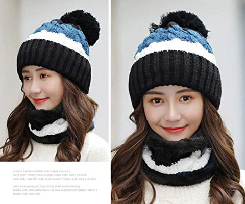 Image of Alexvyan Twist Color Matching Winter Soft Warm 1 Set Snow Proof Knitted Ball Cap (Inside Fur) Woolen Beanie Cap with Scarf Muffler for Women Girl (Black)